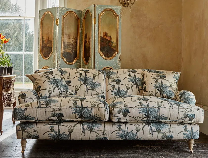 Kentwell 3 seater 2 hump sofa in Spill Resistant RHS Botanicals Henry Moon Lions Tail Teal